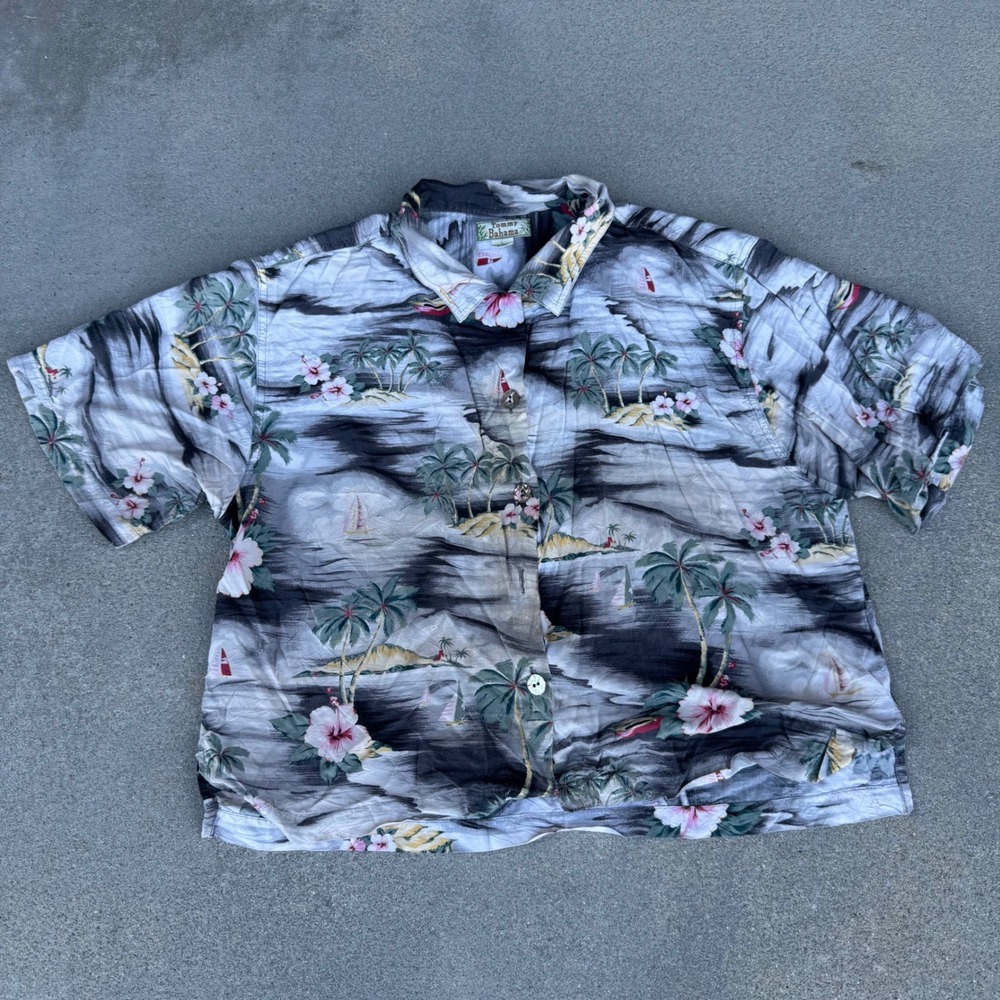 Tommy Bahama Vintage Women Grey Tropical Palm Tree Hibiscus Camp Shirt Large